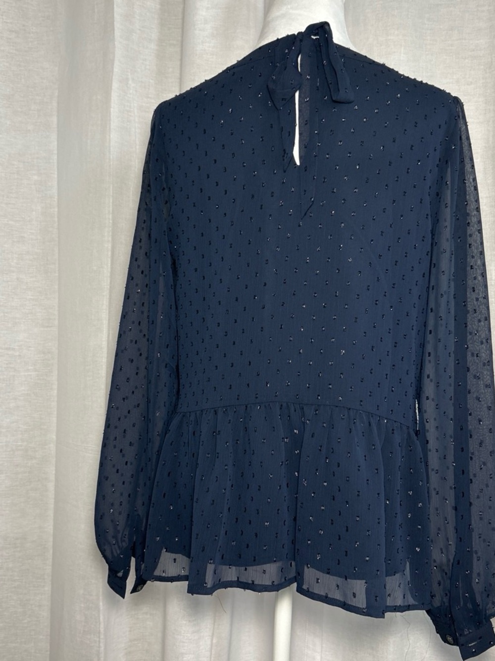 LOFT | Navy | Sequined Blouse | Sheer overlay | See through arms - Picture 4 of 6